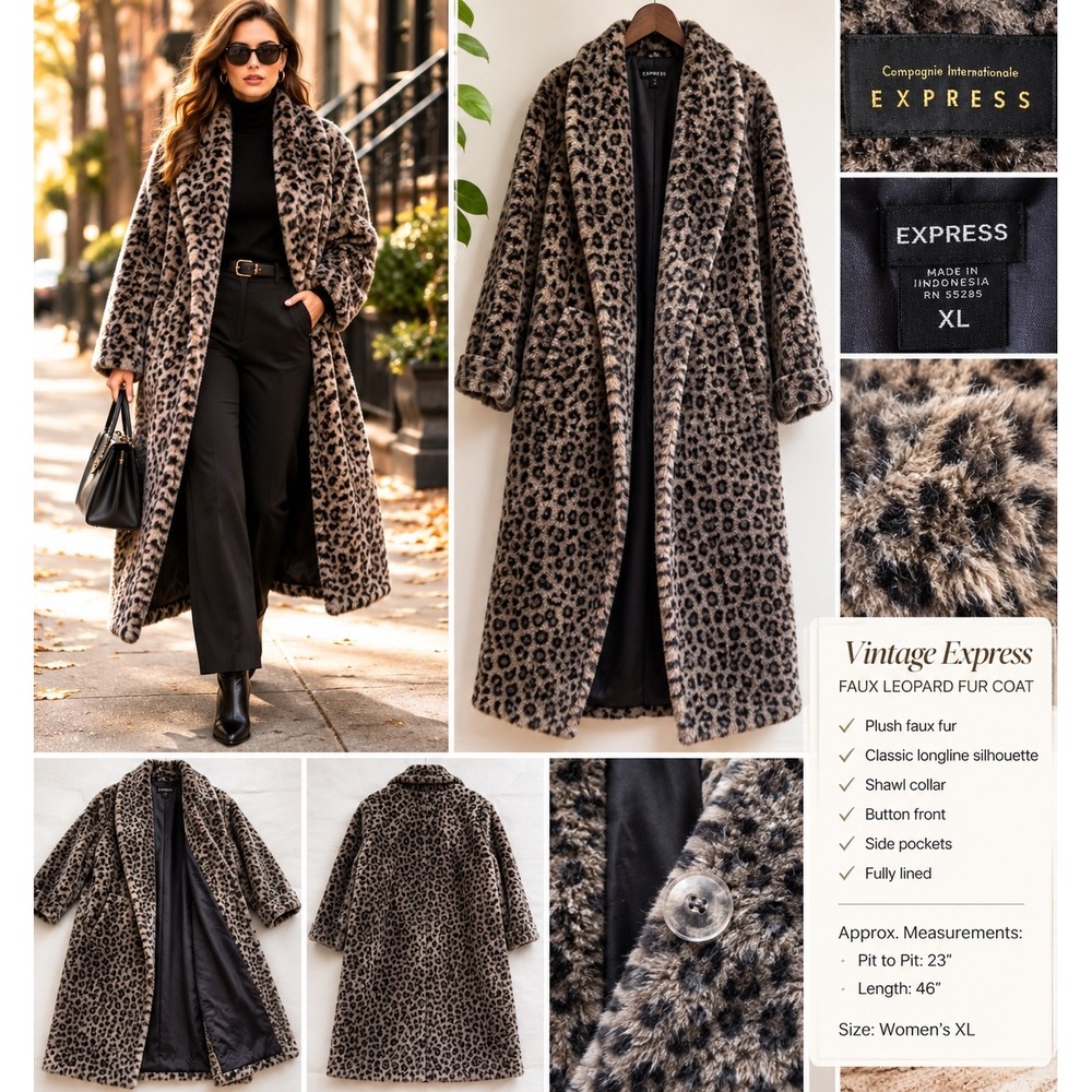 Vintage Express Faux Leopard Fur Coat Womens XL Long Plush Animal Print Jacket